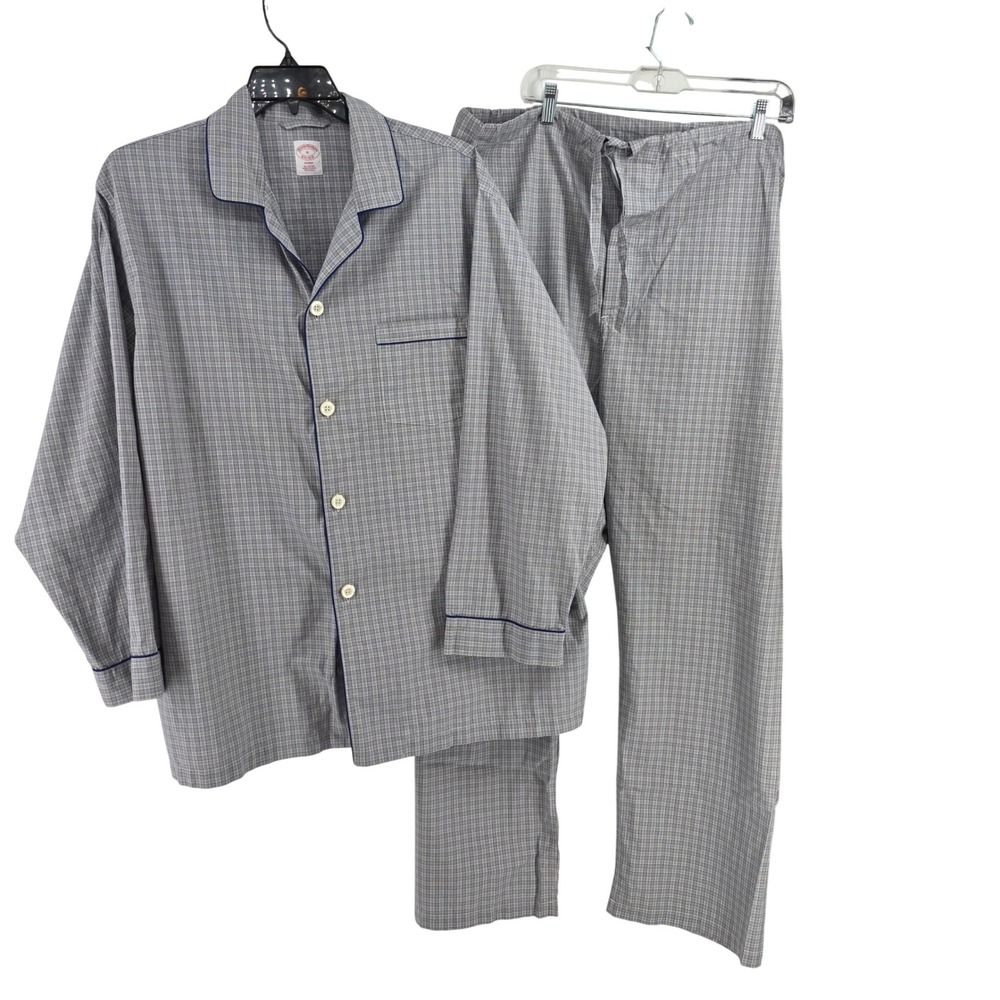 Brooks Brothers Mens XL Pajama Set Blue Plaid Cotton Button Up Shirt Pants